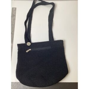The Sak Black Crochet Tote Bag Medium Shoulder Purse Zip Top Boho Handbag